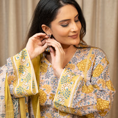 (Pre-order) Misty Floral Pure Cotton Printed V-Neck Full Sleeves Hip Length Straight Kurta Farshi Salwar And Dupatta Set