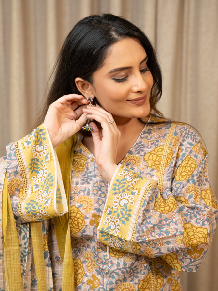 (Pre-order) Misty Floral Pure Cotton Printed V-Neck Full Sleeves Hip Length Straight Kurta Farshi Salwar And Dupatta Set Mizazjaipur