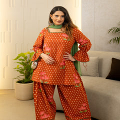 (Pre-order) Orange Pure Cotton Printed Square Neck Full Sleeves Hip Length Straight Kurta Farshi Salwar And Dupatta Set Mizazjaipur