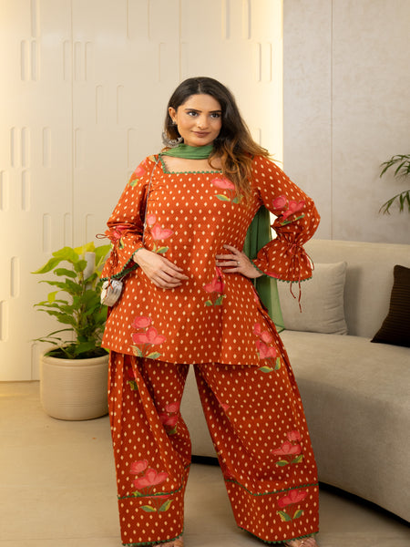 (Pre-order) Orange Pure Cotton Printed Square Neck Full Sleeves Hip Length Straight Kurta Farshi Salwar And Dupatta Set Mizazjaipur
