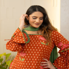 (Pre-order) Orange Pure Cotton Printed Square Neck Full Sleeves Hip Length Straight Kurta Farshi Salwar And Dupatta Set Mizazjaipur