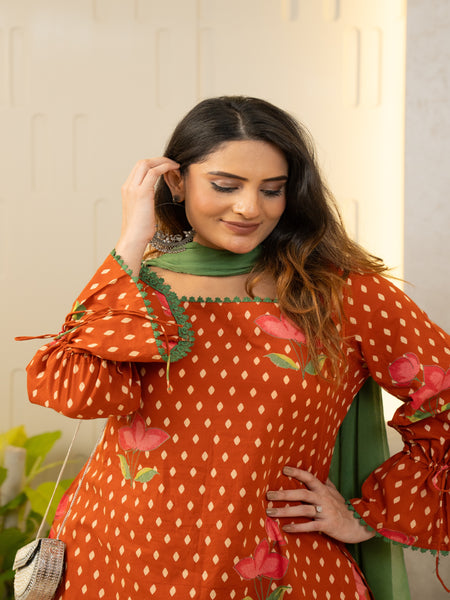(Pre-order) Orange Pure Cotton Printed Square Neck Full Sleeves Hip Length Straight Kurta Farshi Salwar And Dupatta Set Mizazjaipur