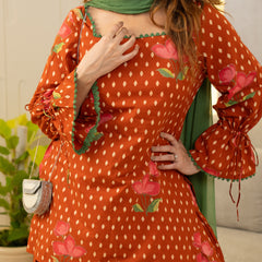 (Pre-order) Orange Pure Cotton Printed Square Neck Full Sleeves Hip Length Straight Kurta Farshi Salwar And Dupatta Set Mizazjaipur