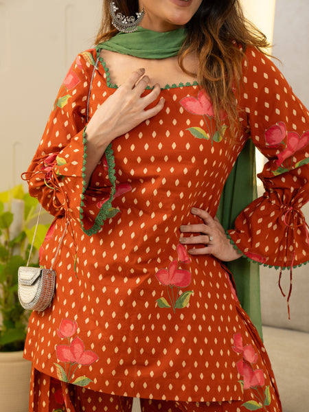 (Pre-order) Orange Pure Cotton Printed Square Neck Full Sleeves Hip Length Straight Kurta Farshi Salwar And Dupatta Set Mizazjaipur
