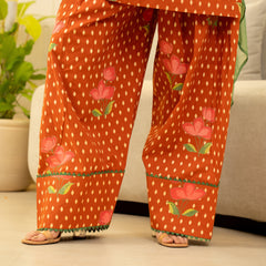 (Pre-order) Orange Pure Cotton Printed Square Neck Full Sleeves Hip Length Straight Kurta Farshi Salwar And Dupatta Set Mizazjaipur