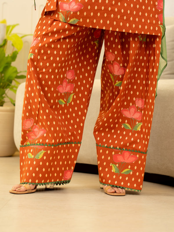 (Pre-order) Orange Pure Cotton Printed Square Neck Full Sleeves Hip Length Straight Kurta Farshi Salwar And Dupatta Set Mizazjaipur