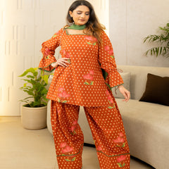 (Pre-order) Orange Pure Cotton Printed Square Neck Full Sleeves Hip Length Straight Kurta Farshi Salwar And Dupatta Set Mizazjaipur