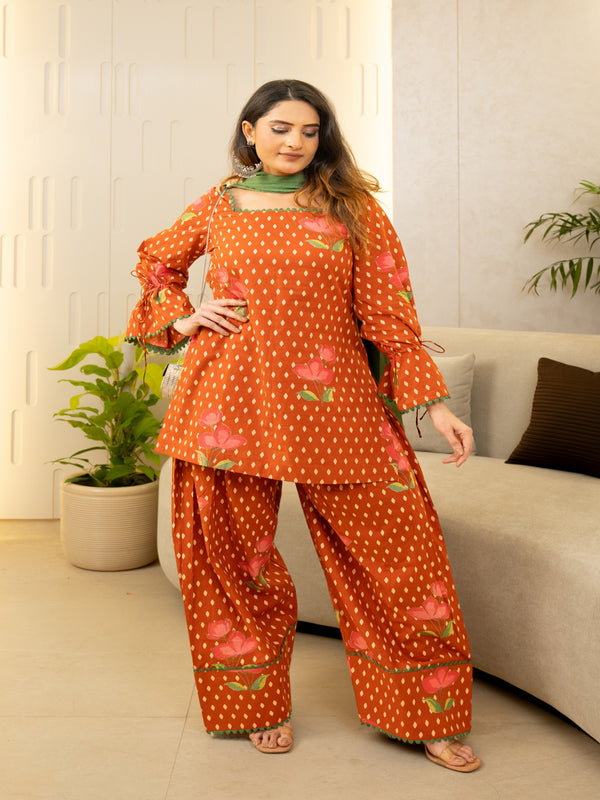 (Pre-order) Orange Pure Cotton Printed Square Neck Full Sleeves Hip Length Straight Kurta Farshi Salwar And Dupatta Set Mizazjaipur
