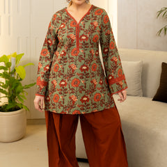 (Pre-order) Light Green Pure Cotton Printed V-Neck Full Sleeves Hip Length Straight Kurta Farshi Salwar Set