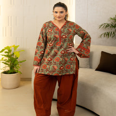 (Pre-order) Light Green Pure Cotton Printed V-Neck Full Sleeves Hip Length Straight Kurta Farshi Salwar Set