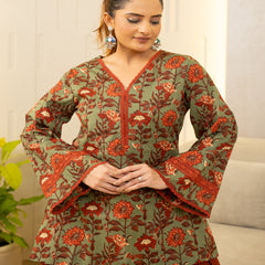 (Pre-order) Light Green Pure Cotton Printed V-Neck Full Sleeves Hip Length Straight Kurta Farshi Salwar Set