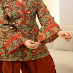 (Pre-order) Light Green Pure Cotton Printed V-Neck Full Sleeves Hip Length Straight Kurta Farshi Salwar Set