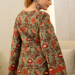 (Pre-order) Light Green Pure Cotton Printed V-Neck Full Sleeves Hip Length Straight Kurta Farshi Salwar Set