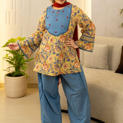 (Pre-order) Pastel Olive Pure Cotton Printed Round Neck Full Sleeves Hip Length Straight Kurta Farshi Salwar And Dupatta Set