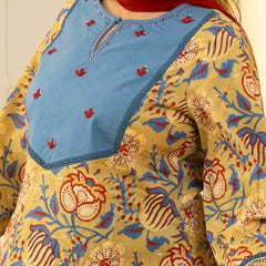 (Pre-order) Pastel Olive Pure Cotton Printed Round Neck Full Sleeves Hip Length Straight Kurta Farshi Salwar And Dupatta Set