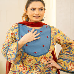 (Pre-order) Pastel Olive Pure Cotton Printed Round Neck Full Sleeves Hip Length Straight Kurta Farshi Salwar And Dupatta Set