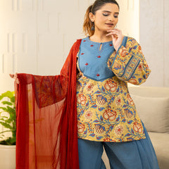 (Pre-order) Pastel Olive Pure Cotton Printed Round Neck Full Sleeves Hip Length Straight Kurta Farshi Salwar And Dupatta Set