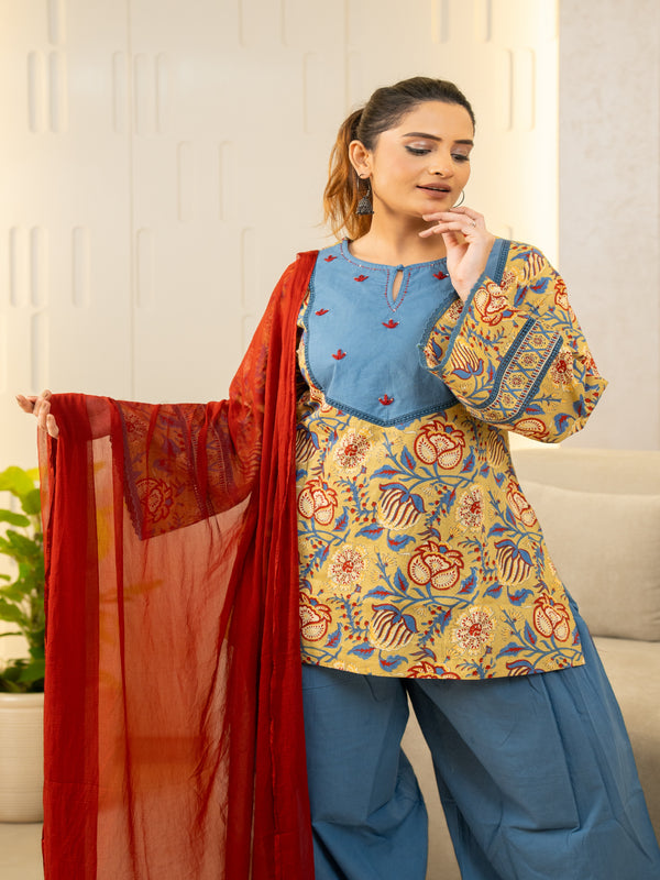 (Pre-order) Pastel Olive Pure Cotton Printed Round Neck Full Sleeves Hip Length Straight Kurta Farshi Salwar And Dupatta Set