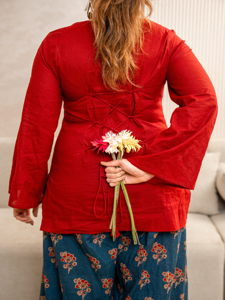 (Pre-order) Maroon Pure Cotton Solid Square Neck Full Sleeves Hip Length Straight Kurta Farshi Salwar Set Mizazjaipur