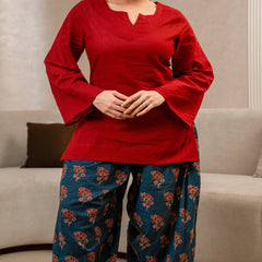 (Pre-order) Maroon Pure Cotton Solid Square Neck Full Sleeves Hip Length Straight Kurta Farshi Salwar Set