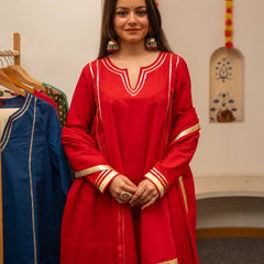 (Pre-order) Red Pure Cotton Solid Gota Work Round Neck Full Sleeves Hip Length A-Line Kurta Farshi Salwar And Dupatta Set