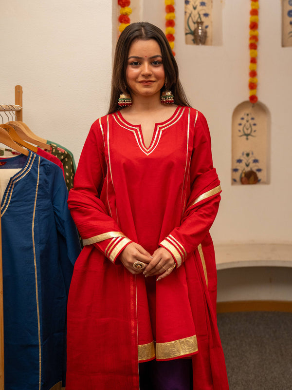 (Pre-order) Red Pure Cotton Solid Gota Work Round Neck Full Sleeves Hip Length A-Line Kurta Farshi Salwar And Dupatta Set