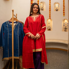 (Pre-order) Red Pure Cotton Solid Gota Work Round Neck Full Sleeves Hip Length A-Line Kurta Farshi Salwar And Dupatta Set