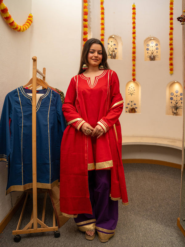 (Pre-order) Red Pure Cotton Solid Gota Work Round Neck Full Sleeves Hip Length A-Line Kurta Farshi Salwar And Dupatta Set