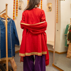 (Pre-order) Red Pure Cotton Solid Gota Work Round Neck Full Sleeves Hip Length A-Line Kurta Farshi Salwar And Dupatta Set