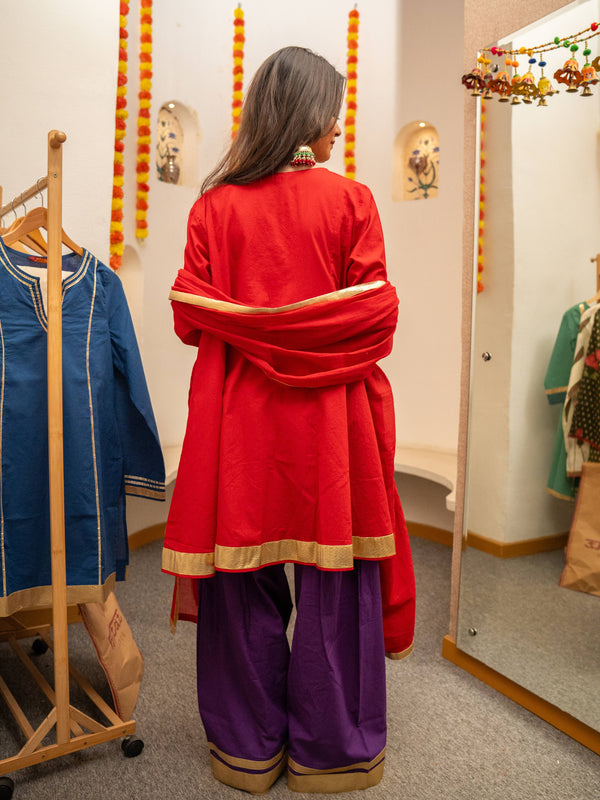(Pre-order) Red Pure Cotton Solid Gota Work Round Neck Full Sleeves Hip Length A-Line Kurta Farshi Salwar And Dupatta Set