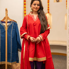 (Pre-order) Red Pure Cotton Solid Gota Work Round Neck Full Sleeves Hip Length A-Line Kurta Farshi Salwar And Dupatta Set
