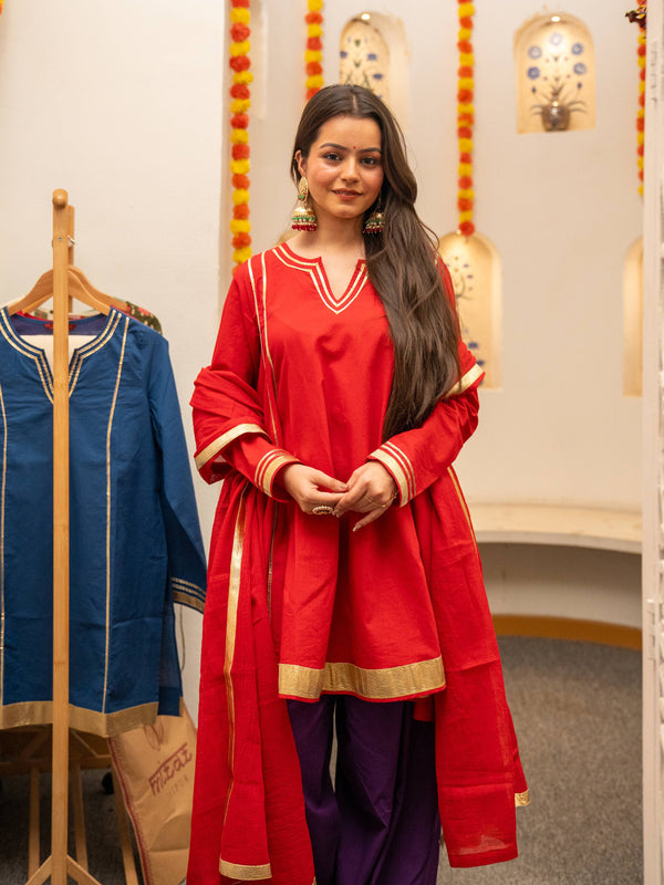 (Pre-order) Red Pure Cotton Solid Gota Work Round Neck Full Sleeves Hip Length A-Line Kurta Farshi Salwar And Dupatta Set