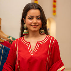 (Pre-order) Red Pure Cotton Solid Gota Work Round Neck Full Sleeves Hip Length A-Line Kurta Farshi Salwar And Dupatta Set
