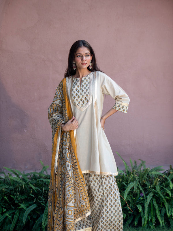 (Pre-order) Beige Pure Cotton Printed Gota Work Round Neck 3/4 Sleeves Hip Length A-Line Kurta Farshi Salwar And Dupatta Set