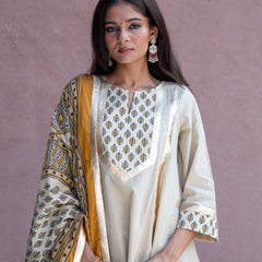 (Pre-order) Beige Pure Cotton Printed Gota Work Round Neck 3/4 Sleeves Hip Length A-Line Kurta Farshi Salwar And Dupatta Set