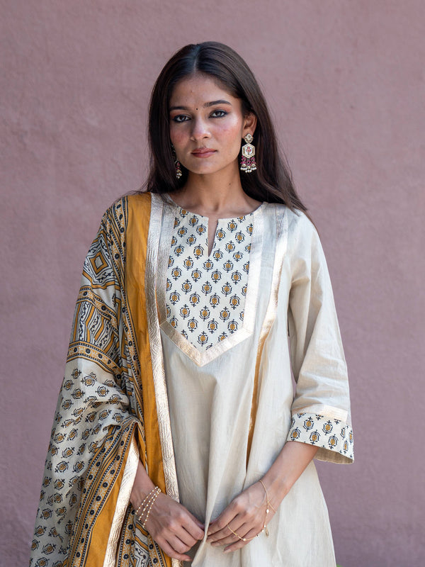 (Pre-order) Beige Pure Cotton Printed Gota Work Round Neck 3/4 Sleeves Hip Length A-Line Kurta Farshi Salwar And Dupatta Set