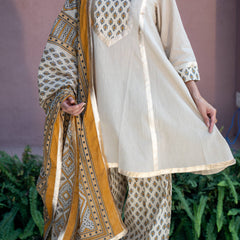 (Pre-order) Beige Pure Cotton Printed Gota Work Round Neck 3/4 Sleeves Hip Length A-Line Kurta Farshi Salwar And Dupatta Set