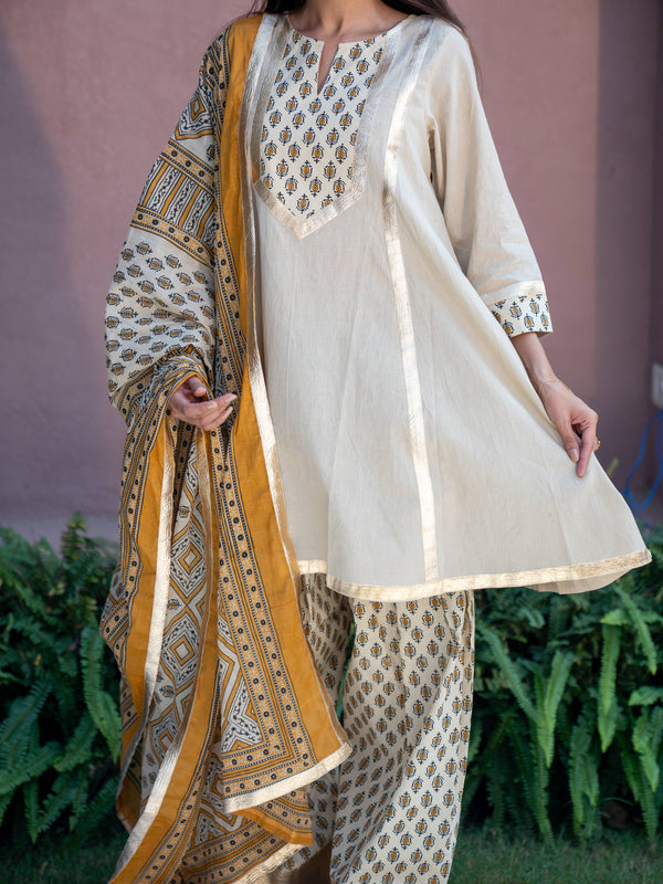 (Pre-order) Beige Pure Cotton Printed Gota Work Round Neck 3/4 Sleeves Hip Length A-Line Kurta Farshi Salwar And Dupatta Set