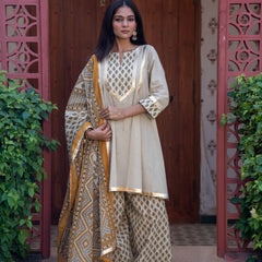 (Pre-order) Beige Pure Cotton Printed Gota Work Round Neck 3/4 Sleeves Hip Length A-Line Kurta Farshi Salwar And Dupatta Set