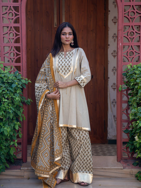 (Pre-order) Beige Pure Cotton Printed Gota Work Round Neck 3/4 Sleeves Hip Length A-Line Kurta Farshi Salwar And Dupatta Set