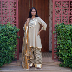 (Pre-order) Beige Pure Cotton Printed Gota Work Round Neck 3/4 Sleeves Hip Length A-Line Kurta Farshi Salwar And Dupatta Set