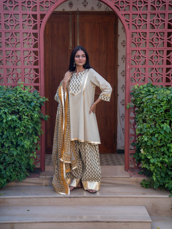 (Pre-order) Beige Pure Cotton Printed Gota Work Round Neck 3/4 Sleeves Hip Length A-Line Kurta Farshi Salwar And Dupatta Set