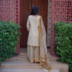 (Pre-order) Beige Pure Cotton Printed Gota Work Round Neck 3/4 Sleeves Hip Length A-Line Kurta Farshi Salwar And Dupatta Set
