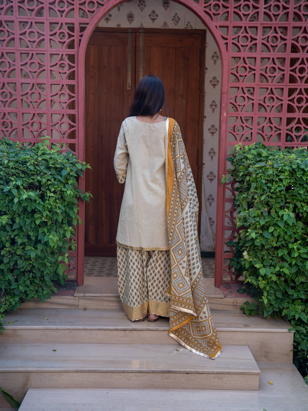(Pre-order) Beige Pure Cotton Printed Gota Work Round Neck 3/4 Sleeves Hip Length A-Line Kurta Farshi Salwar And Dupatta Set