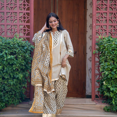 (Pre-order) Beige Pure Cotton Printed Gota Work Round Neck 3/4 Sleeves Hip Length A-Line Kurta Farshi Salwar And Dupatta Set