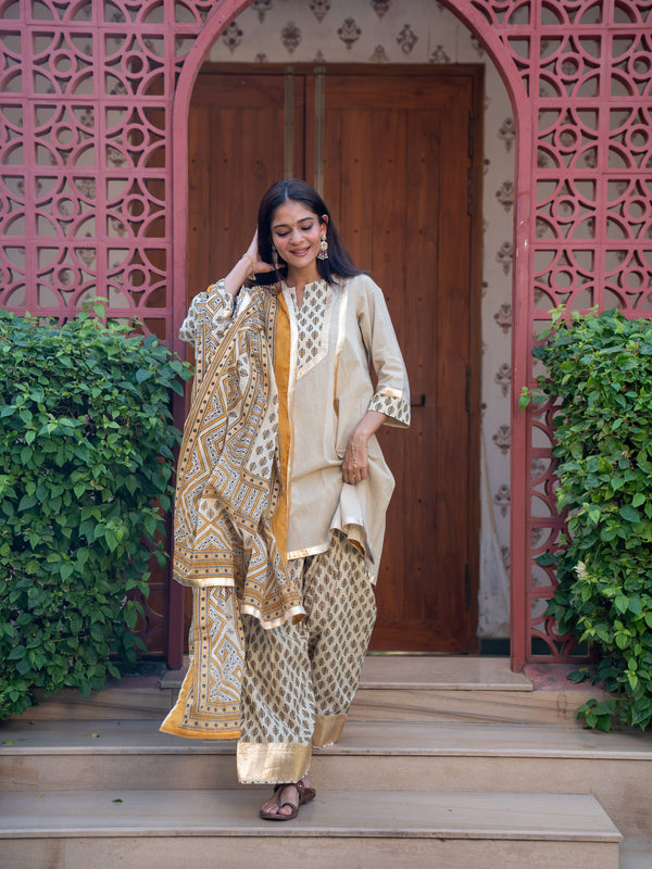 (Pre-order) Beige Pure Cotton Printed Gota Work Round Neck 3/4 Sleeves Hip Length A-Line Kurta Farshi Salwar And Dupatta Set