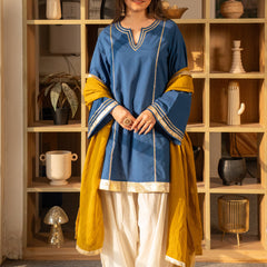 (Pre-order) Cobalt Blue Pure Cotton Solid Gota Work Round Neck Full Sleeves Hip Length A-Line Kurta Farshi Salwar And Dupatta Set