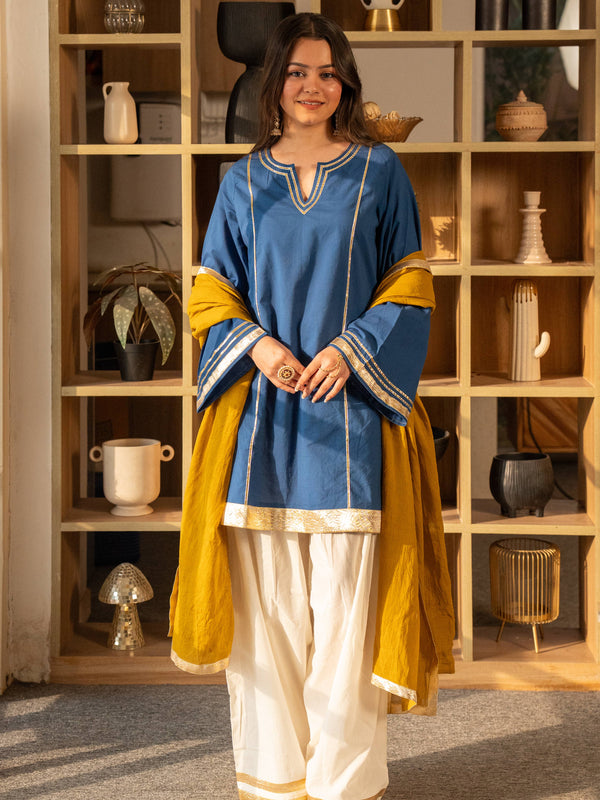 (Pre-order) Cobalt Blue Pure Cotton Solid Gota Work Round Neck Full Sleeves Hip Length A-Line Kurta Farshi Salwar And Dupatta Set