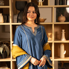 (Pre-order) Cobalt Blue Pure Cotton Solid Gota Work Round Neck Full Sleeves Hip Length A-Line Kurta Farshi Salwar And Dupatta Set