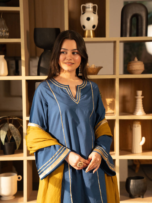 (Pre-order) Cobalt Blue Pure Cotton Solid Gota Work Round Neck Full Sleeves Hip Length A-Line Kurta Farshi Salwar And Dupatta Set